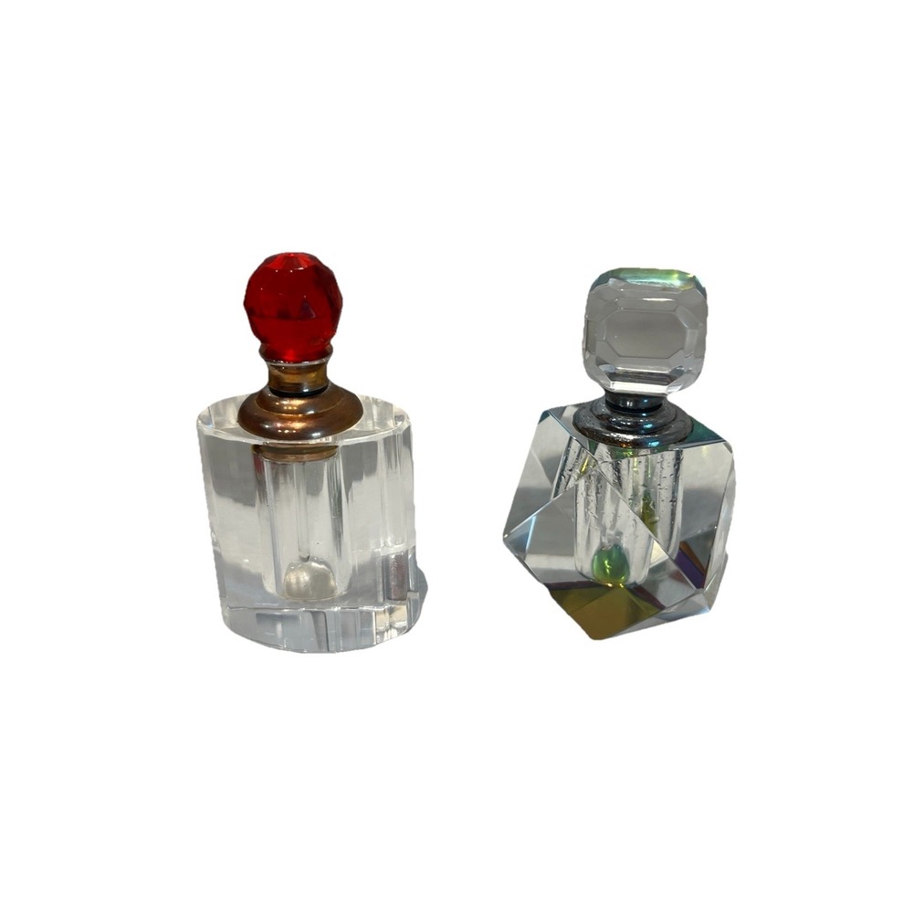 Oleg Cassini Lot Of 2 Crystal Small Perfume Bottle Glass Dauber Geometric Shape